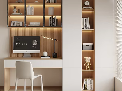Modern Minimalist Desk Setup With Bookshelves Table Lamp Computer And White Chair 3d model
