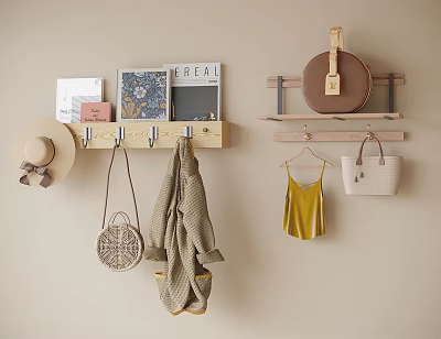 Wall Mounted Hooks And Shelves With Hanging Hat Bags Coat And Magazines On Beige Wall 3d model