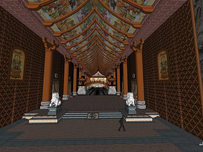 Traditional Religious Temple Interior With Painted Ceiling Columns And Stone Lions 3d model