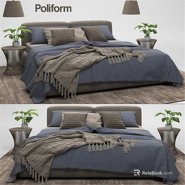 Modern Double Bed With Blue Bedspread Gray Blanket Pillows And Metal Nightstands With Green Plants 3d model 