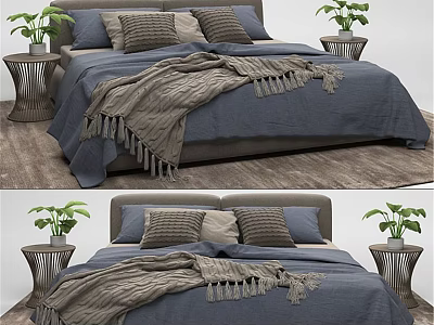 Modern Double Bed With Blue Bedspread Gray Blanket Pillows And Metal Nightstands With Green Plants 3d model