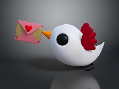 Cute White Bird with Red Wings and Orange Beak Holding Pink Envelope with Red Heart 3d model