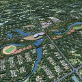 Aerial Planning Layout Design With Green Spaces Water Bodies Urban Buildings And Road Networks