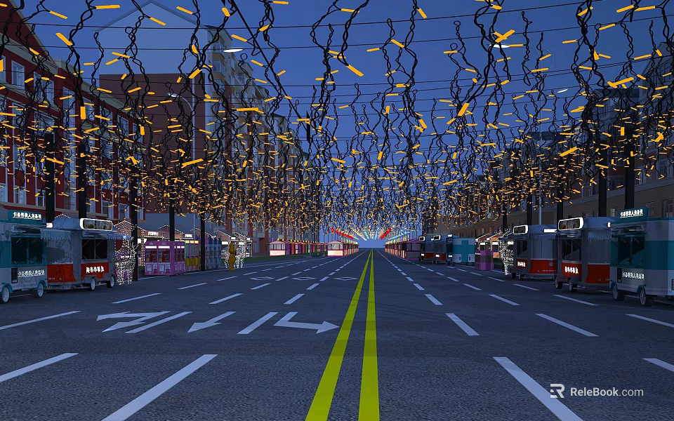 Decorative Lights Over Night Street With Yellow Glow Blue Sky Buildings And Vehicles 3d model 