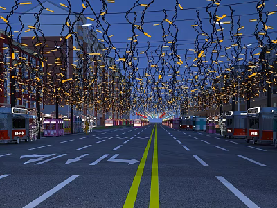 Decorative Lights Over Night Street With Yellow Glow Blue Sky Buildings And Vehicles 3d model