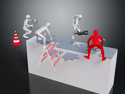Cartoon Characters Assembling Puzzle Pieces With Red Figure Sitting Near Traffic Cone And Caution Tape 3d model