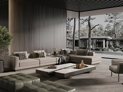 Modern Beige Sofa And Square Coffee Table Set With Wooden Wall And Outdoor Tree View 3d model