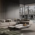Modern Beige Sofa And Square Coffee Table Set With Wooden Wall And Outdoor Tree View