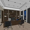 Modern Office Interior With Large Windows Night View Sofas Coffee Table Desk And Bookshelves 3d model