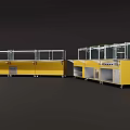 Commercial Kitchen Equipment With Yellow Cabinets Glass Display Shelves And Stainless Steel Worktables