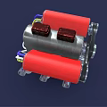 Red Silver Black 3D Modeled Mechanical Engine With Cylindrical Parts And Metal Pipes