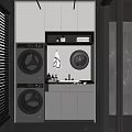 Modern Home Balcony With Laundry Machines Washing Station And Storage Cabinets