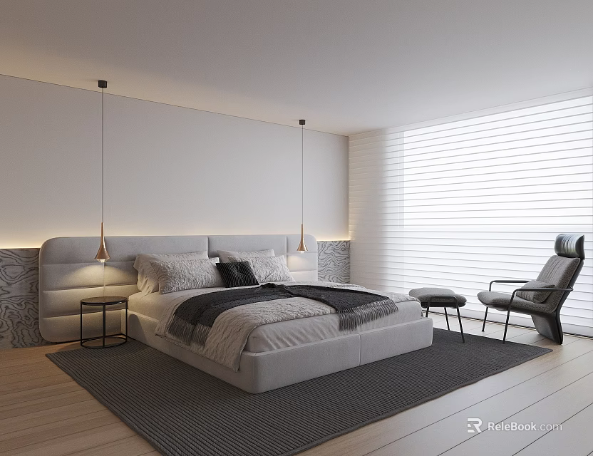 Modern Bedroom Interior Design With Large Bed Nightstand Pendant Lights And Armchair 3d model 