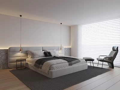 Modern Bedroom Interior Design With Large Bed Nightstand Pendant Lights And Armchair 3d model