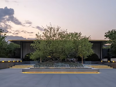 Modern Building Exterior Wall Design With Ambient Lighting And Courtyard Greenery 3d model