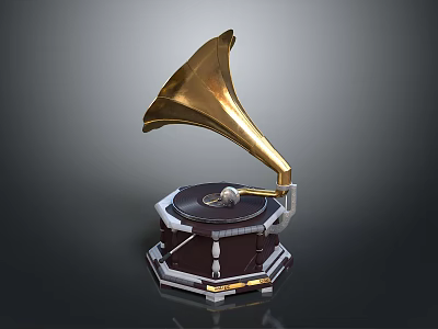 Vintage Golden Gramophone With Elegant Horn And Intricate Dark Wooden Base 3d model