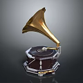 Vintage Golden Gramophone With Elegant Horn And Intricate Dark Wooden Base