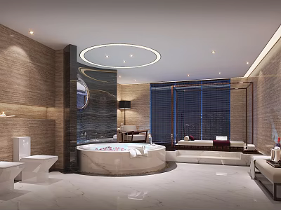 Elegant Large Modern Bathroom With Round Marble Jacuzzi And Comfortable Spa Lounge Interior Design 3d model