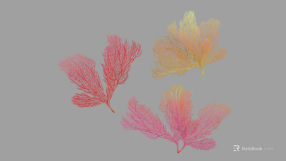 Vibrant Red Yellow Pink Feathery Aquatic Plants With Elegant Frond Shapes 3d model 