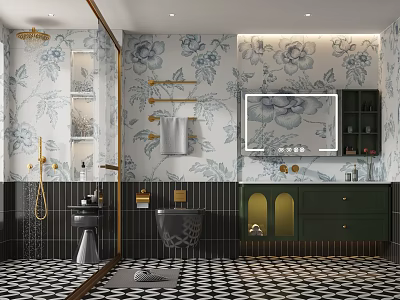 Modern Bathroom Interior Featuring Blue White Floral Wallpaper Black Toilet Green Vanity And Checkered Floor 3d model