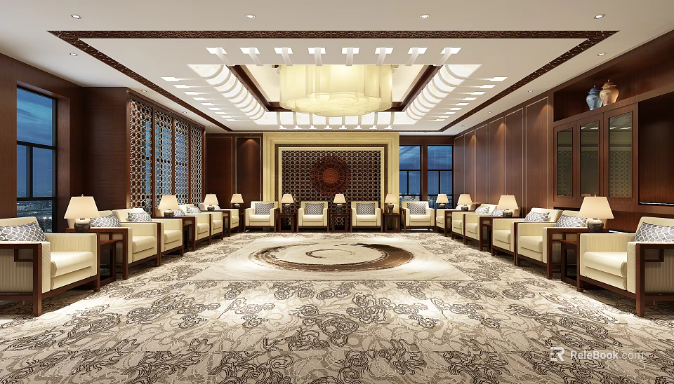 Elegant Front Desk Reception Area With Symmetrical Sofas Circular Carpet And Wooden Decor 3d model