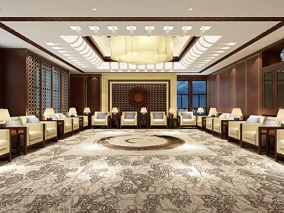 Elegant Front Desk Reception Area With Symmetrical Sofas Circular Carpet And Wooden Decor 3d model