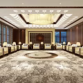 Elegant Front Desk Reception Area With Symmetrical Sofas Circular Carpet And Wooden Decor 3d model