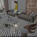 Modern Upholstered Sofa And Glass Top Coffee Table Set With Striped Rug And Decorative Pillows