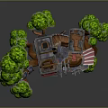 Cartoon Scene Featuring Wooden Treehouse With Green Leaves Small Buildings And Red Flag