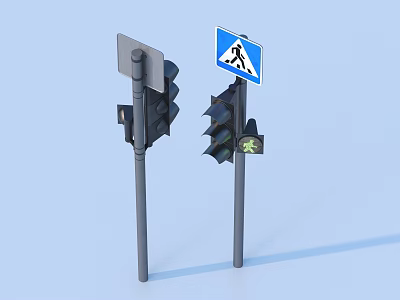 Traffic Lights And Crosswalk Sign With Pedestrian Figure On Blue Background 3d model