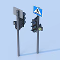 Traffic Lights And Crosswalk Sign With Pedestrian Figure On Blue Background