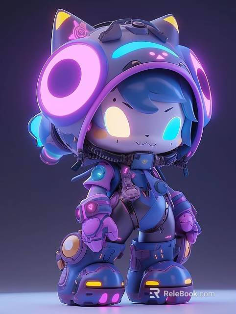 Futuristic Cyberpunk Ornament Decoration Set With 3D Character Glowing Elements Blue Purple And Mechanical Details 3d model 