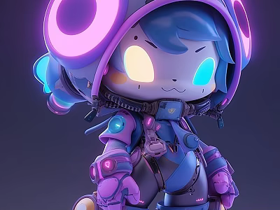 Futuristic Cyberpunk Ornament Decoration Set With 3D Character Glowing Elements Blue Purple And Mechanical Details 3d model