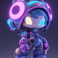 Futuristic Cyberpunk Ornament Decoration Set With 3D Character Glowing Elements Blue Purple And Mechanical Details