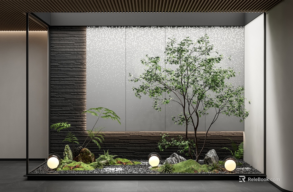 Modern Waterfall Feature Wall with Tree Plants Stones Round Lights and Wooden Ceiling 3d model 