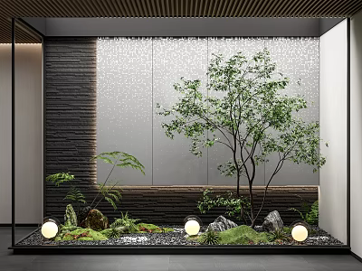 Modern Waterfall Feature Wall with Tree Plants Stones Round Lights and Wooden Ceiling 3d model