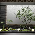 Modern Waterfall Feature Wall with Tree Plants Stones Round Lights and Wooden Ceiling
