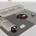 Beige L shaped Sofa And Circular Coffee Table With Fruits Books Striped Rug And Armchair