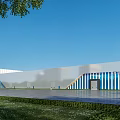 Modern Industrial Factory Building With Metal Cladding Colorful Stripes Lawn Trees And Blue Sky