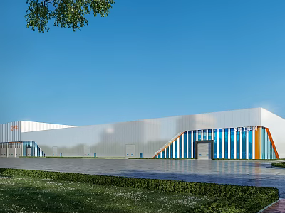 Modern Industrial Factory Building With Metal Cladding Colorful Stripes Lawn Trees And Blue Sky 3d model