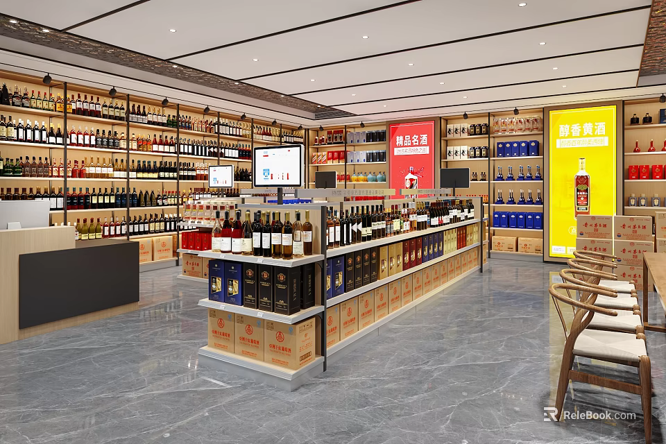 Modern Tobacco and Liquor Store With Shelves Displaying Various Alcohol and Tobacco Products 3d model 