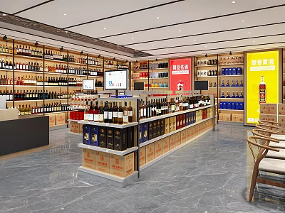 Modern Tobacco and Liquor Store With Shelves Displaying Various Alcohol and Tobacco Products 3d model