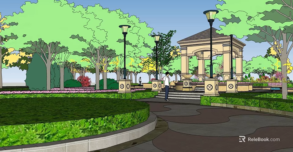 Scenic Park Landscape With Lush Trees Lamp Posts Gazebo And Walking Pathway 3d model