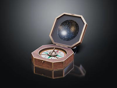 Decorative Ornament Set With Open Octagonal Wooden Box And Starry Sky Design 3d model