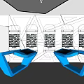 Modern Exhibition Hall With Geometric White Structures Blue Accents Display Screens And Booths