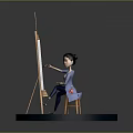 Girl Painting Purple Flower On Easel With Black And White Checkered Base