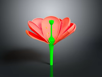Vibrant Pink Flower With Green Stem Pistil And Yellow Dots On Gray Background 3d model