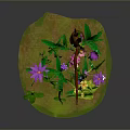 Small Plant Landscape With Green Grass Purple Flowers Brown Branches And Green Leaves