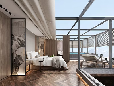 Modern Hotel Room Interior With King Bed Floor to Ceiling Windows and Mountain View 3d model