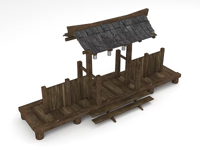 Traditional Wooden Post Station with Tile Roof and Wooden Fence on Raised Platform Structure 3d model